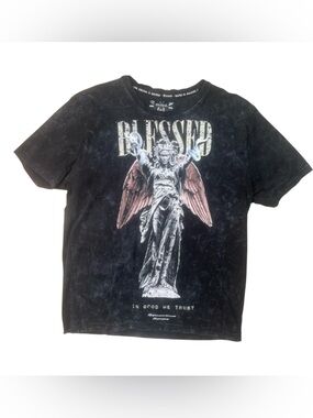 Sz M Blessed Angel Graphic Tee - Black with Pink Wings